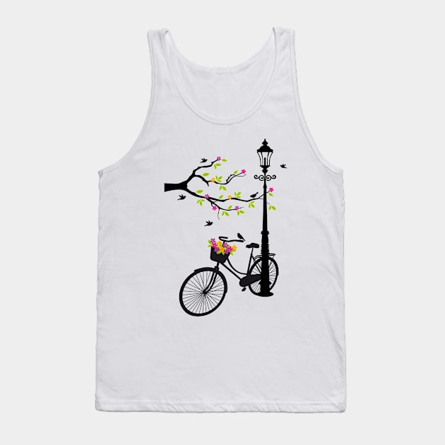 Old bicycle with lamp, flower basket, birds, tree Tank Top by beakraus